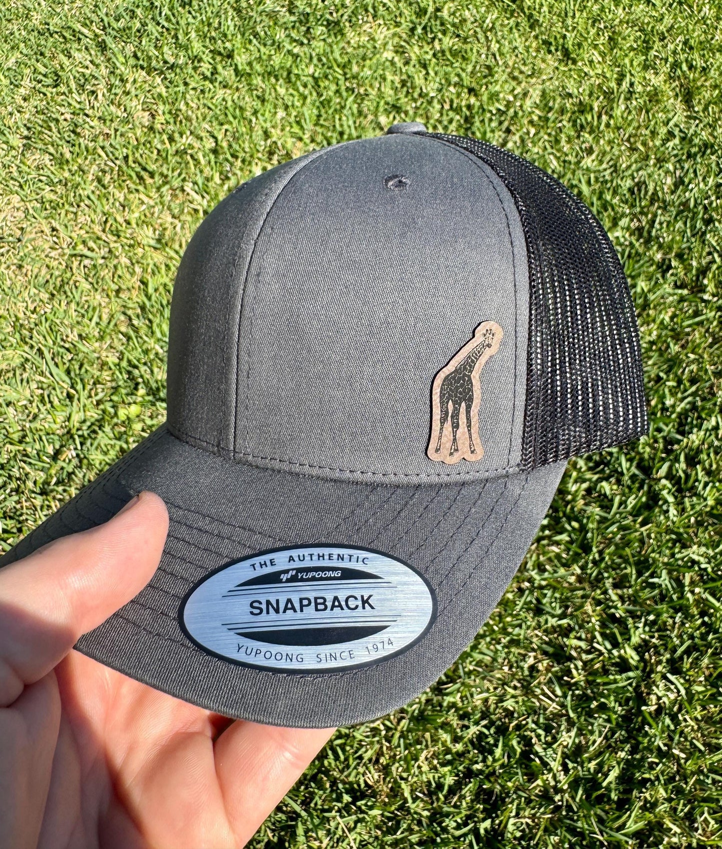Giraffe Hat – Snapback Trucker Hat with Engraved Giraffe Patch, Wildlife Lover Gift, Zoo Animal Cap, Rustic Safari Style Hat