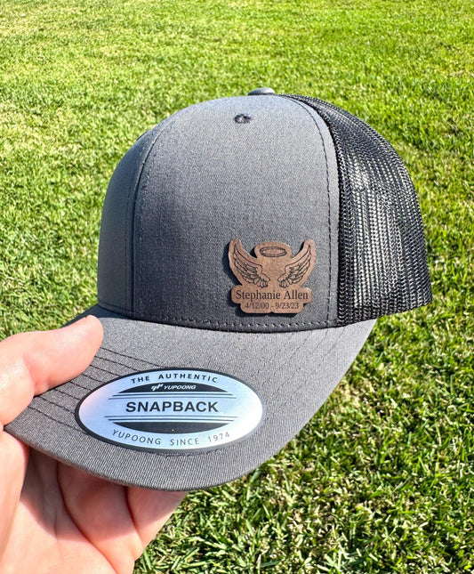 Memorial Angel Wings Hat Snapback – Personalized Engraved Patch Cap, Remembrance Gift, In Memory Hat with Name or Date