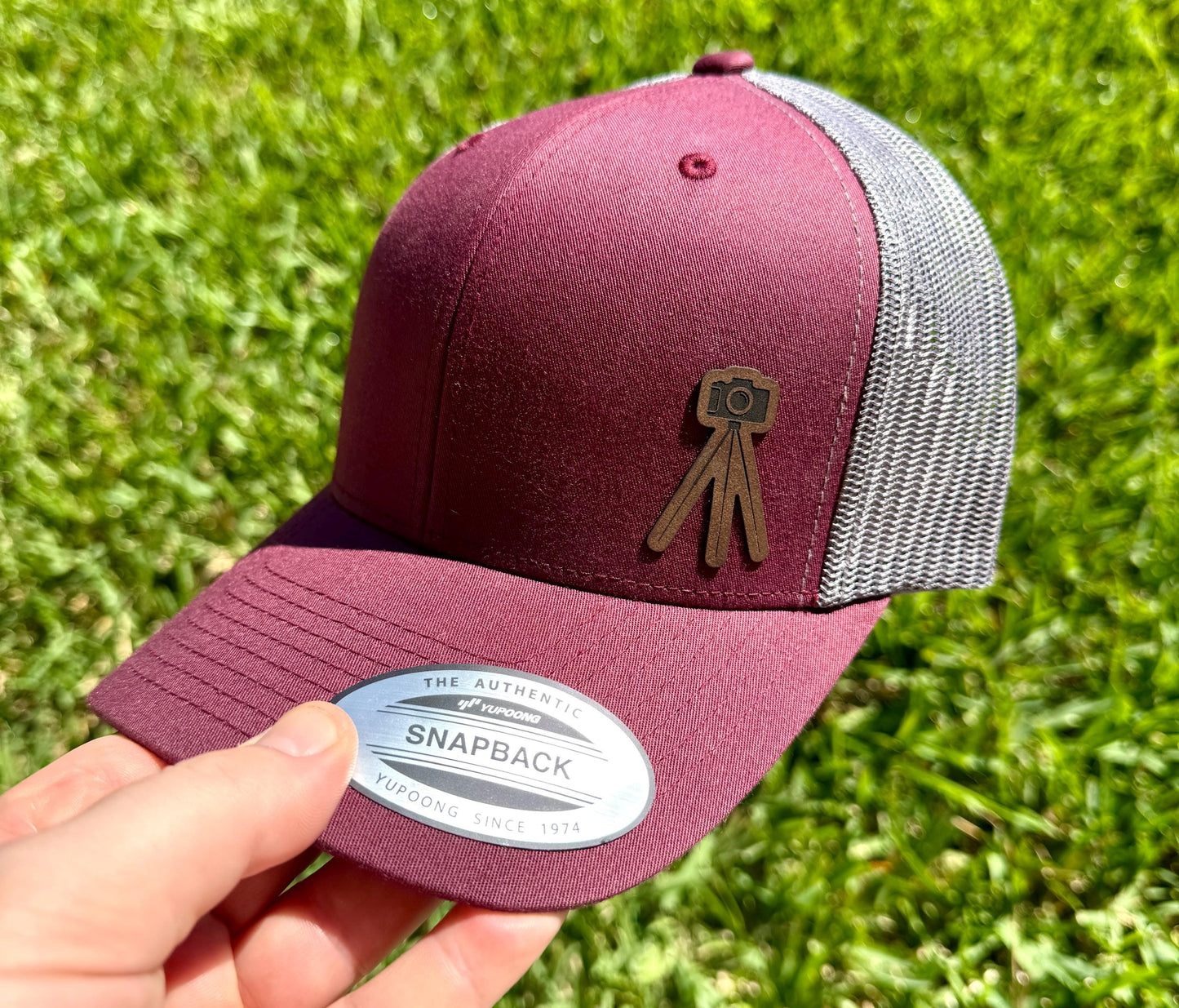 Camera and Tripod Trucker Hat – Snapback Cap for Photographers, Engraved Patch Hat, Outdoor Adventure Photo Gift