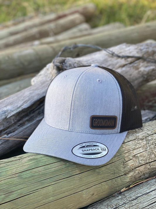 Groomsman Hat – Snapback Trucker Hat with Engraved Patch, Wedding Party Gift, Rustic Mesh Cap for Groomsmen, Bachelor Party Hat