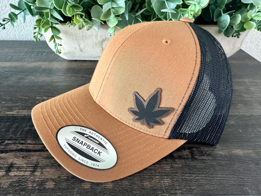 Marijuana Leaf Hat Snapback Trucker – Engraved Patch Weed Cap, 420 Style Gift, Cannabis Lover Hat, Stoner or Festival Fashion