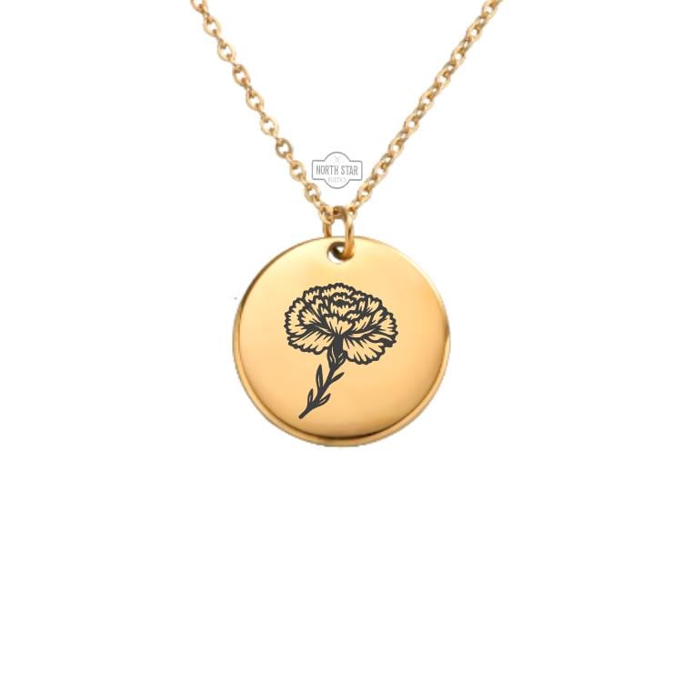 Carnation January Birth Month Necklace - Carnation Flower Birthday Gold or Silver Minimalist Dainty Engraved Custom Pendant Charm Jewelry