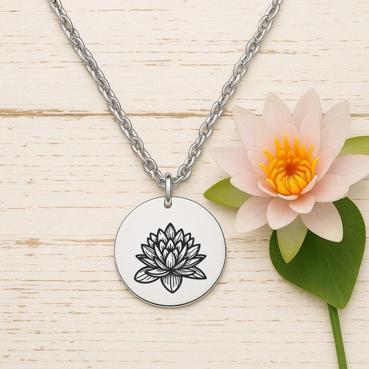 Water Lily Birth Flower Necklace – Gold or Silver July Charm – Personalized Floral Jewelry Gift – Custom Keychain Available