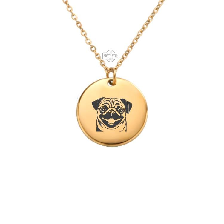 Pug Dog Necklace - Puppy Gold or Silver Minimalist Dainty Engraved Custom Pendant Charm Jewelry - Personalized Gift For Her