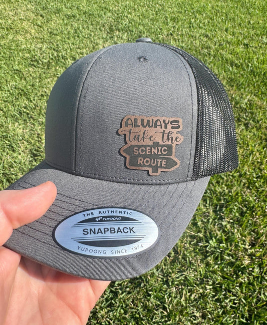 Always Take the Scenic Route Hat – Adventure-Inspired Trucker or Snapback Cap – Travel Quote Hat for Nature Lovers, Campers, and Wanderers