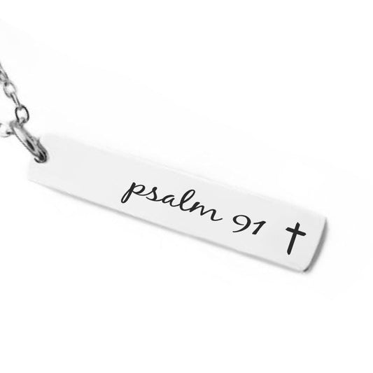 Bible Verse Bar Necklace or Keychain with Cross – Psalm 91 or Custom Scripture – Gold, Silver, or Stainless Steel Christian Gift