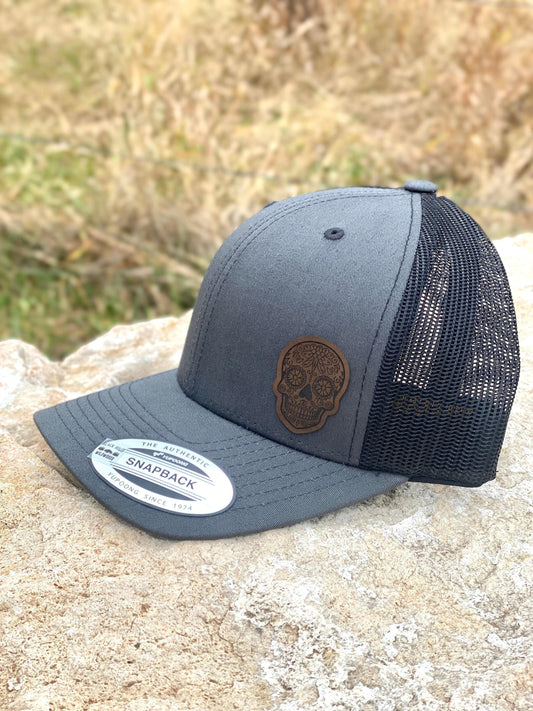 Sugar Skull Hat – Snapback Trucker Hat with Leatherette Patch – Día de los Muertos Cap – Day of the Dead Hat – Calavera Hat – Gift for Him