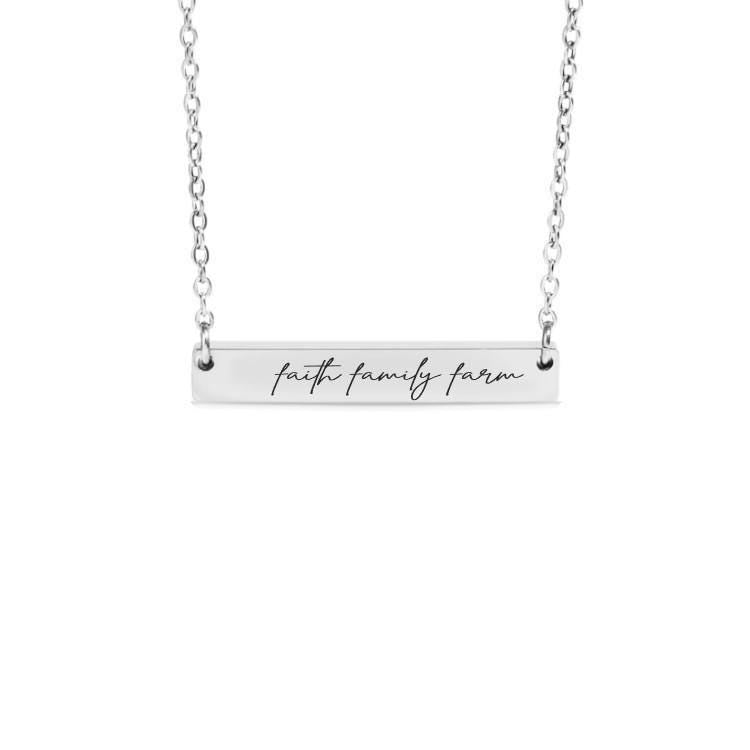 Faith Family Farm Bar Necklace or Keychain – Rustic Country Life Jewelry – Engraved Gift for Farm Girl or Farmhouse Living