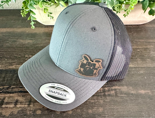 Drum Set Hat – Snapback Cap with Engraved Drum Kit Design, Musician Gift, Percussion Lover Mesh Hat, Band Style Cap, Patch Trucker Hat