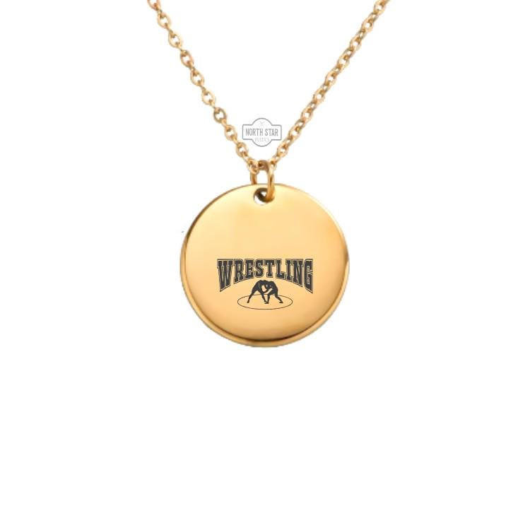 Wrestling Necklace - Team Sport Wrestler Mom Coach Gold or Silver Minimalist Dainty Engraved Custom Pendant Charm Jewelry