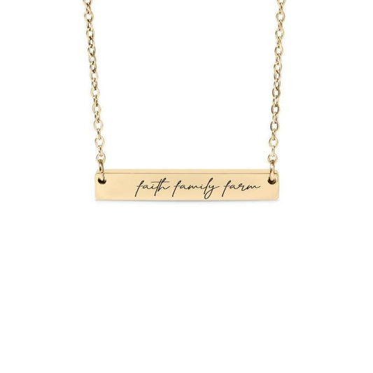Faith Family Farm Bar Necklace or Keychain – Rustic Country Life Jewelry – Engraved Gift for Farm Girl or Farmhouse Living