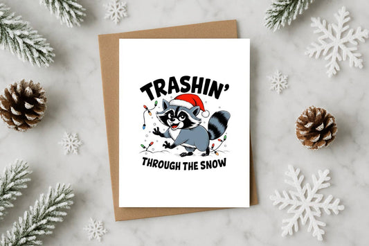 Trashin’ Through the Snow Funny Christmas Card with Raccoon