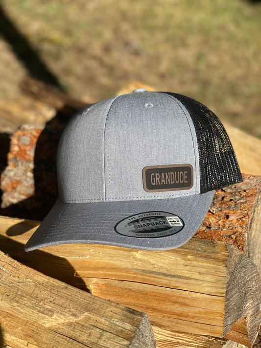 Grandude Hat – Snapback Trucker Hat with Engraved Patch, Cool Grandpa Gift, Fun Grandparent Hat, Mesh Cap for Stylish Grandfather