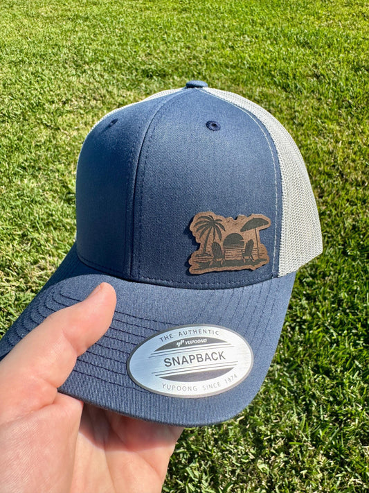 Beach Scene Hat – Coastal Snapback or Trucker Cap with Ocean and Palm Design – Summer Vacation Hat for Beach Lovers and Travelers