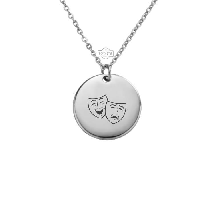 Thespian Masks Necklace - Theater Drama Gold or Silver Minimalist Dainty Engraved Custom Pendant Charm Jewelry