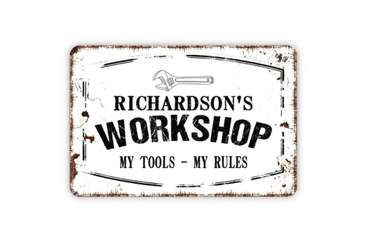 Personalized Workshop Sign - Custom Garage Man Cave Metal Wall Art Indoor Or Outdoor