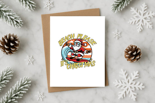 Beach Please It’s Christmas Funny Surfing Santa Card – Tropi