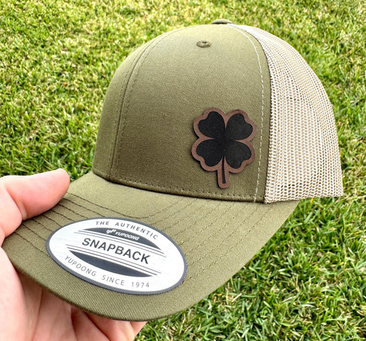 Four Leaf Clover Hat – Snapback Trucker Hat with Engraved Lucky Clover Patch, St. Patrick’s Day Gift, Irish Pride Lucky Cap