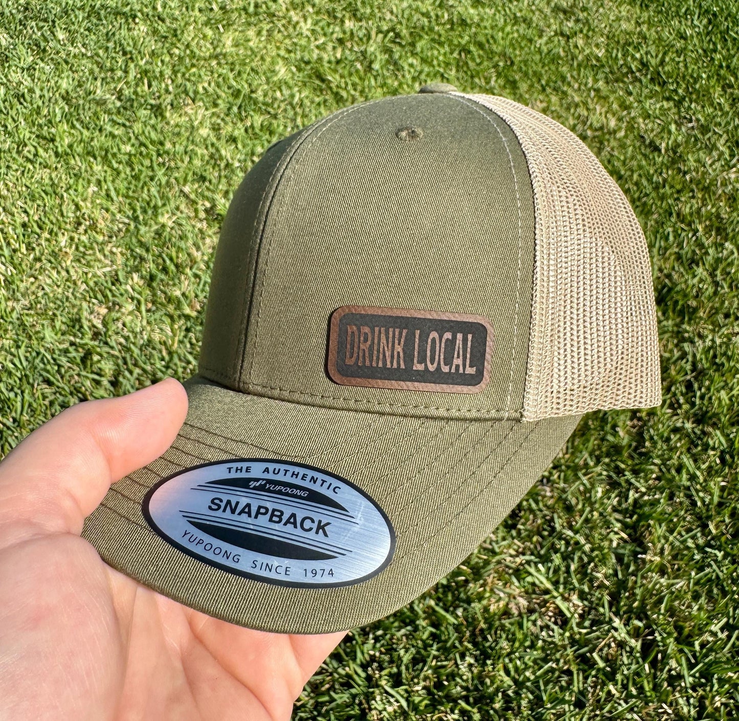 Drink Local Hat – Snapback Cap with "Drink Local" Engraved Design, Brewery Gift, Craft Beer Hat, Bar Style Hat, Patch Trucker Hat