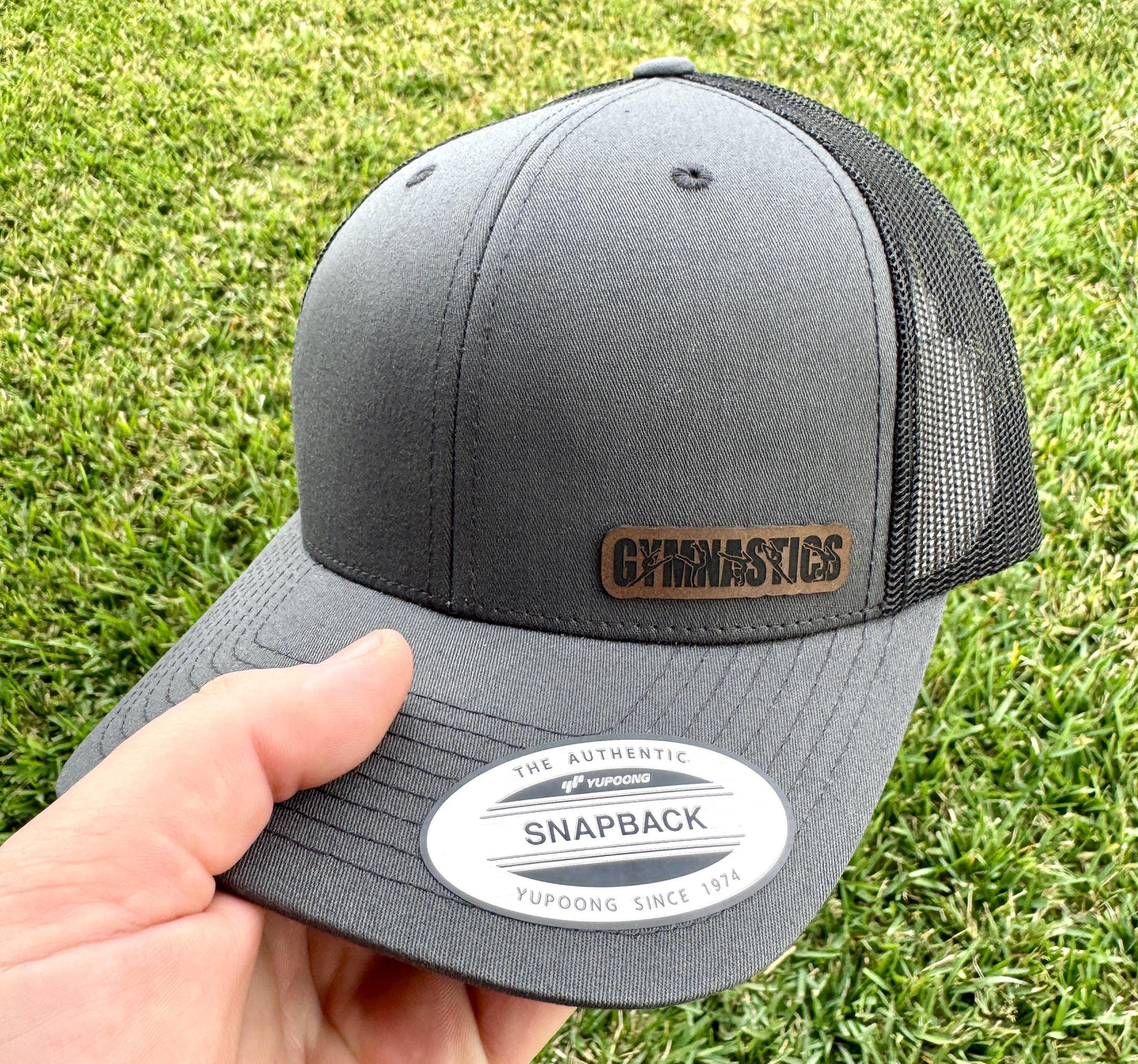 Gymnastics Hat Snapback Trucker – Leather Patch Cap for Gymnasts, Coaches, or Fans, Athletic Gift for Girls and Teens