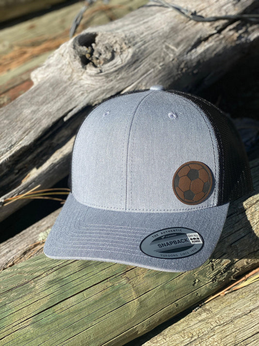 Soccer Ball Hat – Snapback Trucker Hat with Leatherette Patch – Soccer Coach Gift – Futbol Cap – Soccer Player Hat – Gift for Him or Her