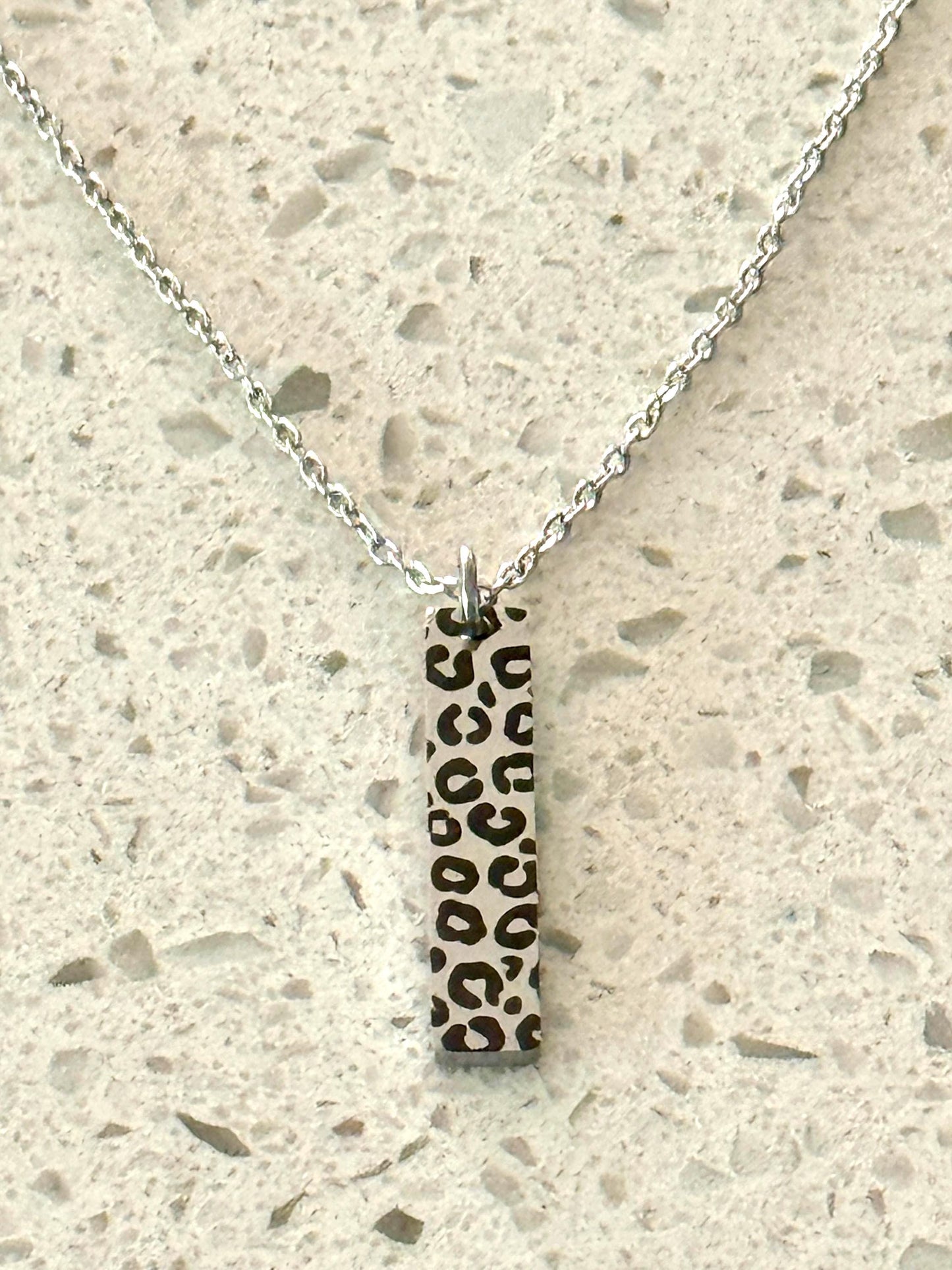 Cheetah or Leopard Print Bar Necklace or Keychain – Gold, Silver, or Stainless Steel – Animal Print Jewelry or Bag Charm Gift