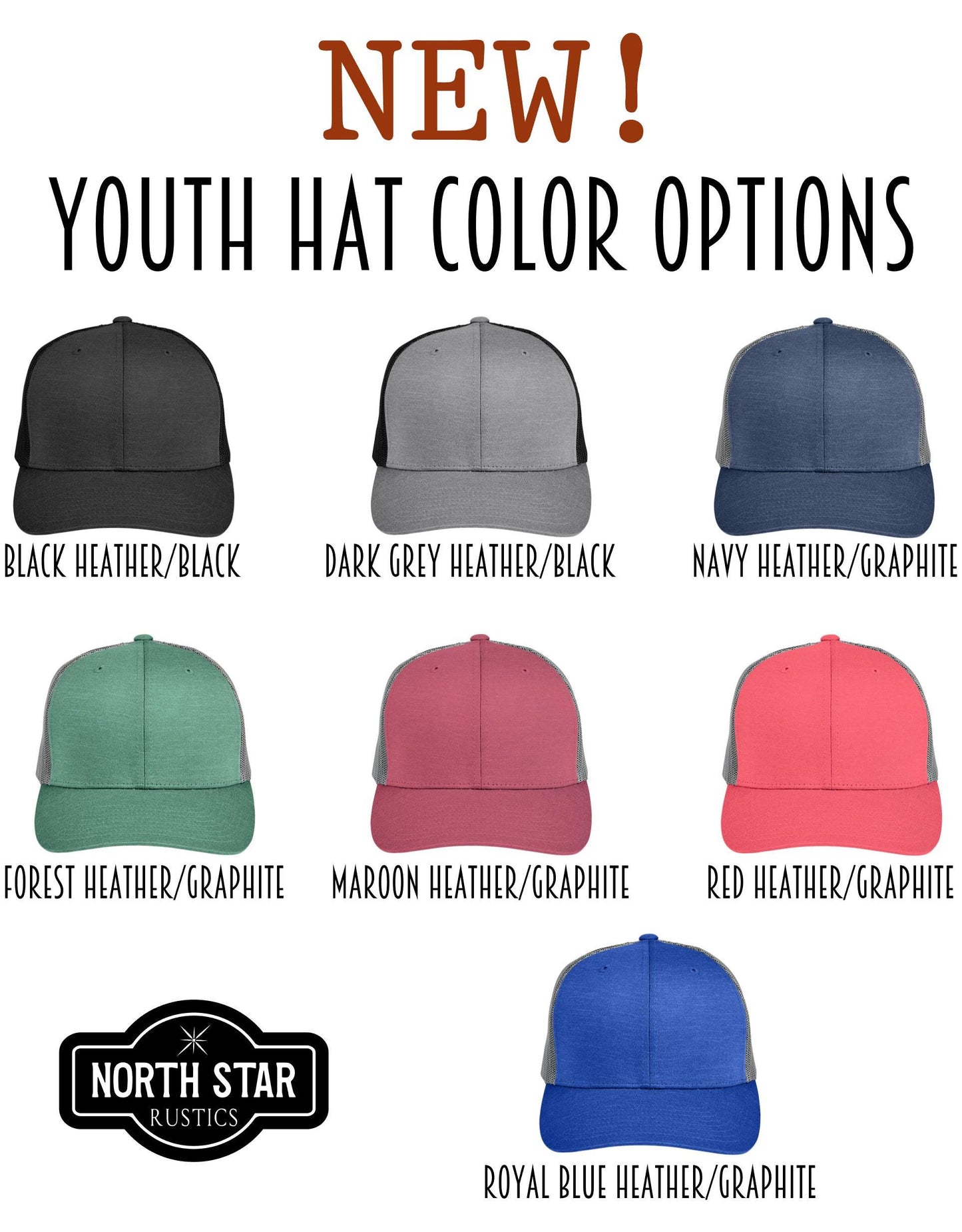a collection of youth hat colors, including black, dark grey, navy, forest, maroon, red, and royal blue.