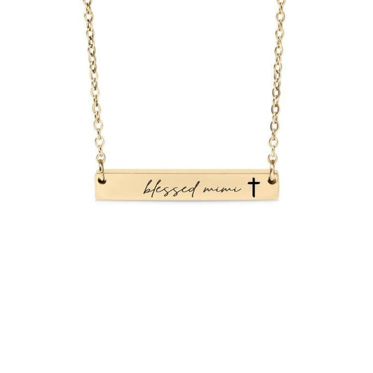 Blessed Mimi Bar Necklace or Keychain with Cross – Christian Gift from Grandkids – Faith-Based Engraved Grandma Jewelry