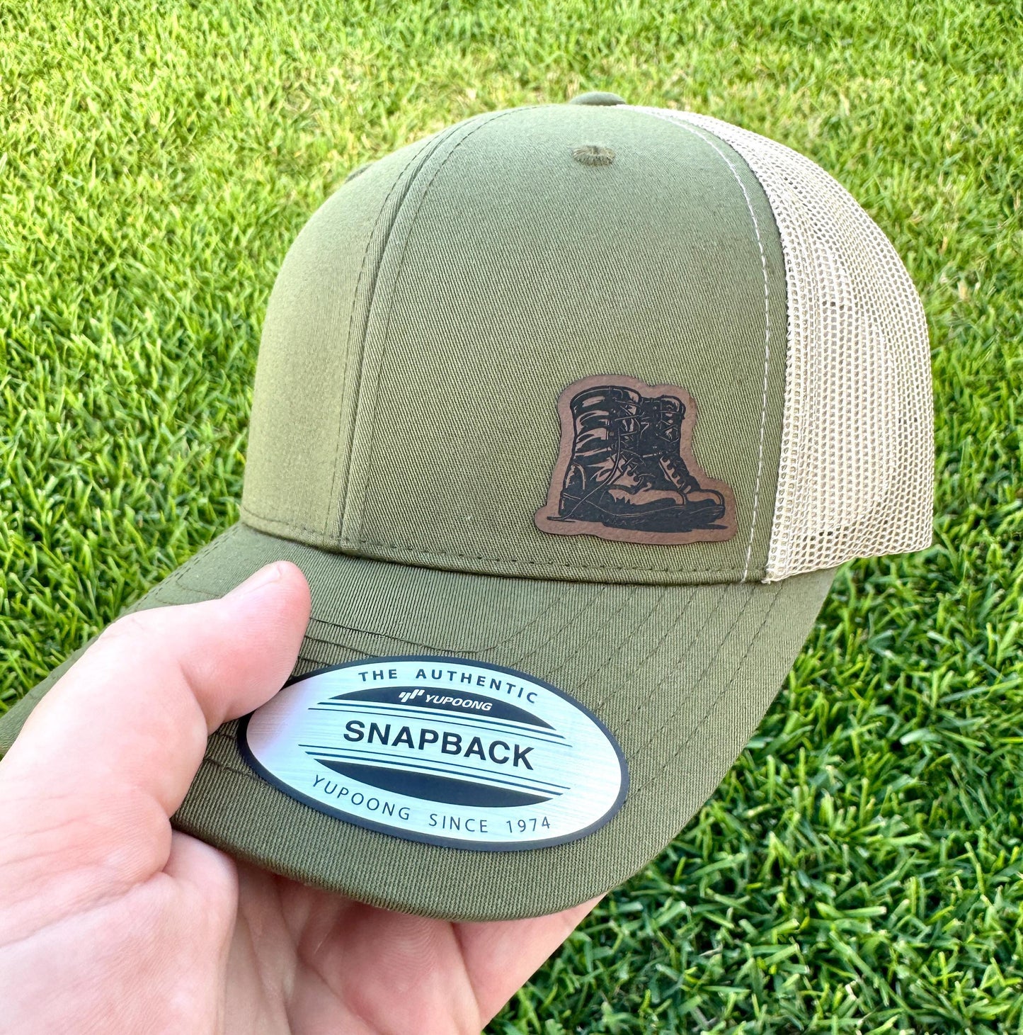Military Boots Hat Snapback Trucker – Engraved Patch Veteran Gift, Patriotic Cap, Honor the Fallen Hat, Military Service Tribute