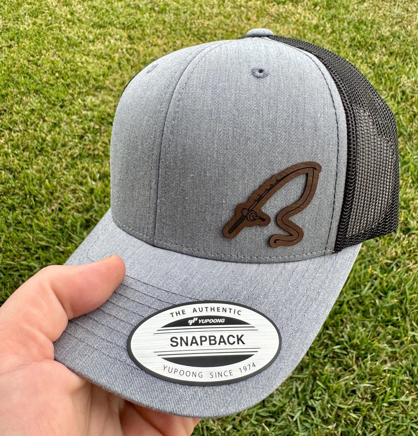Fishing Pole Hat – Snapback Trucker Hat with Engraved Patch, Fisherman Gift, Outdoor Cap for Lake Days, Rustic Fishing Apparel