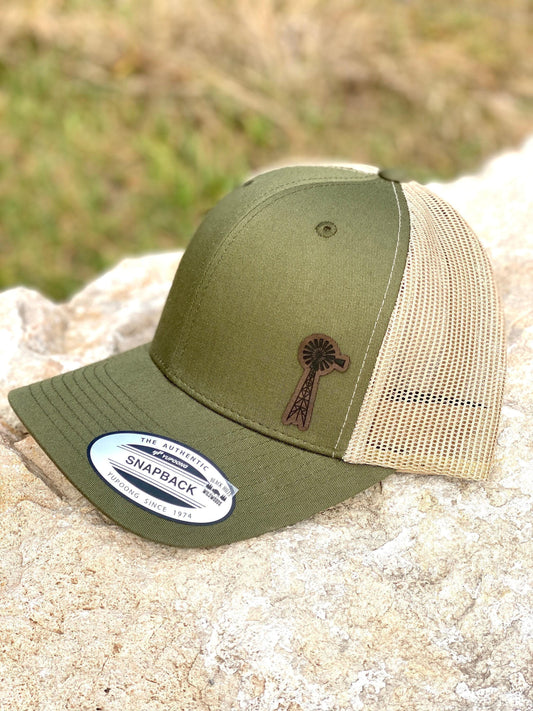 Farm Windmill Hat – Rustic Snapback Cap with Engraved Windmill Design, Country Style Hat, Homestead or Farm Gift, Patch Trucker Hat