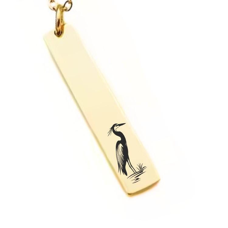 Great Blue Heron Bar Necklace or Keychain – Engraved Bird Jewelry – Nature Lover Gift – Symbol of Peace & Patience