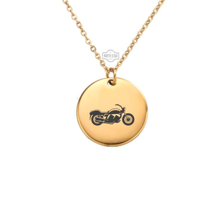 Motorcycle Necklace - Biker Babe Mom Gold or Silver Minimalist Dainty Engraved Custom Pendant Charm Jewelry - Personalized Gift For Her