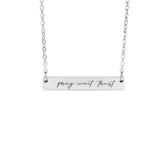 Pray Wait Trust Bar Necklace or Keychain – Christian Engraved Jewelry – Faith Gift – Encouraging Reminder of Patience and Prayer