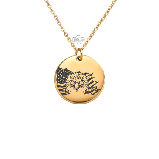 American Flag With Bald Eagle Necklace - Patriotic Gold or Silver Minimalist Dainty Engraved Custom Pendant Charm Jewelry