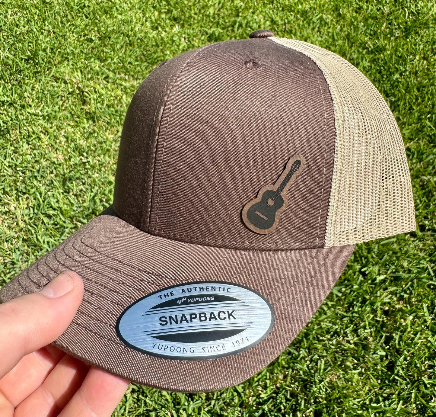 Guitar Hat Snapback Trucker Cap – Acoustic Guitarist Hat for Musician or Bandmate, Leather Patch Hat for Music Lovers