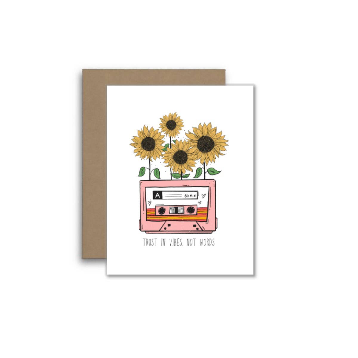 Trust in Vibes Not Words – Retro Cassette & Sunflower Card