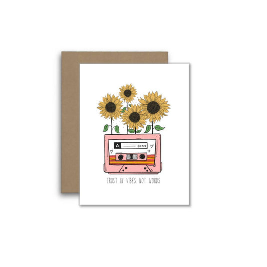 Trust in Vibes Not Words – Retro Cassette & Sunflower Card