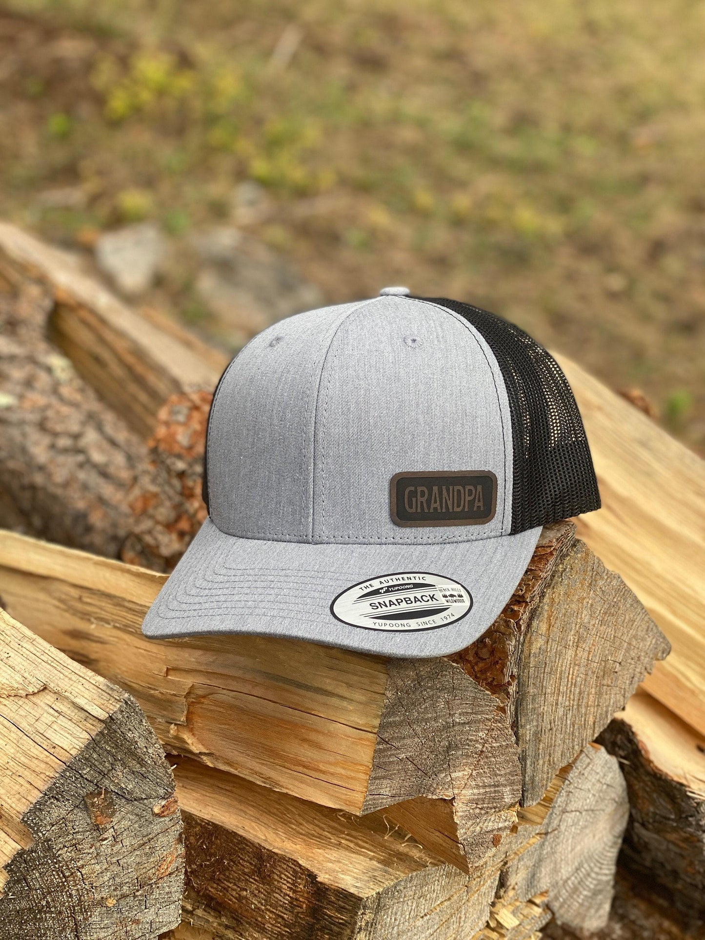 Grandpa Hat – Snapback Trucker Hat with Engraved Patch, Gift for Grandpa, Mesh Back Cap, Rustic Cool Grandfather Trucker Hat
