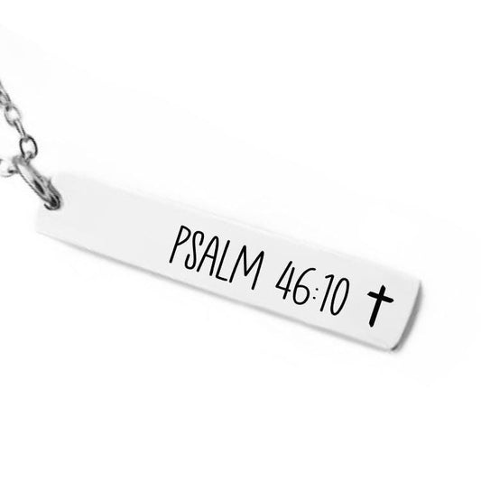 Bible Verse Bar Necklace with Cross – Psalm 46:10 or Custom Scripture – Christian Gift for Her – Faith Jewelry - Bible Verse Keychain