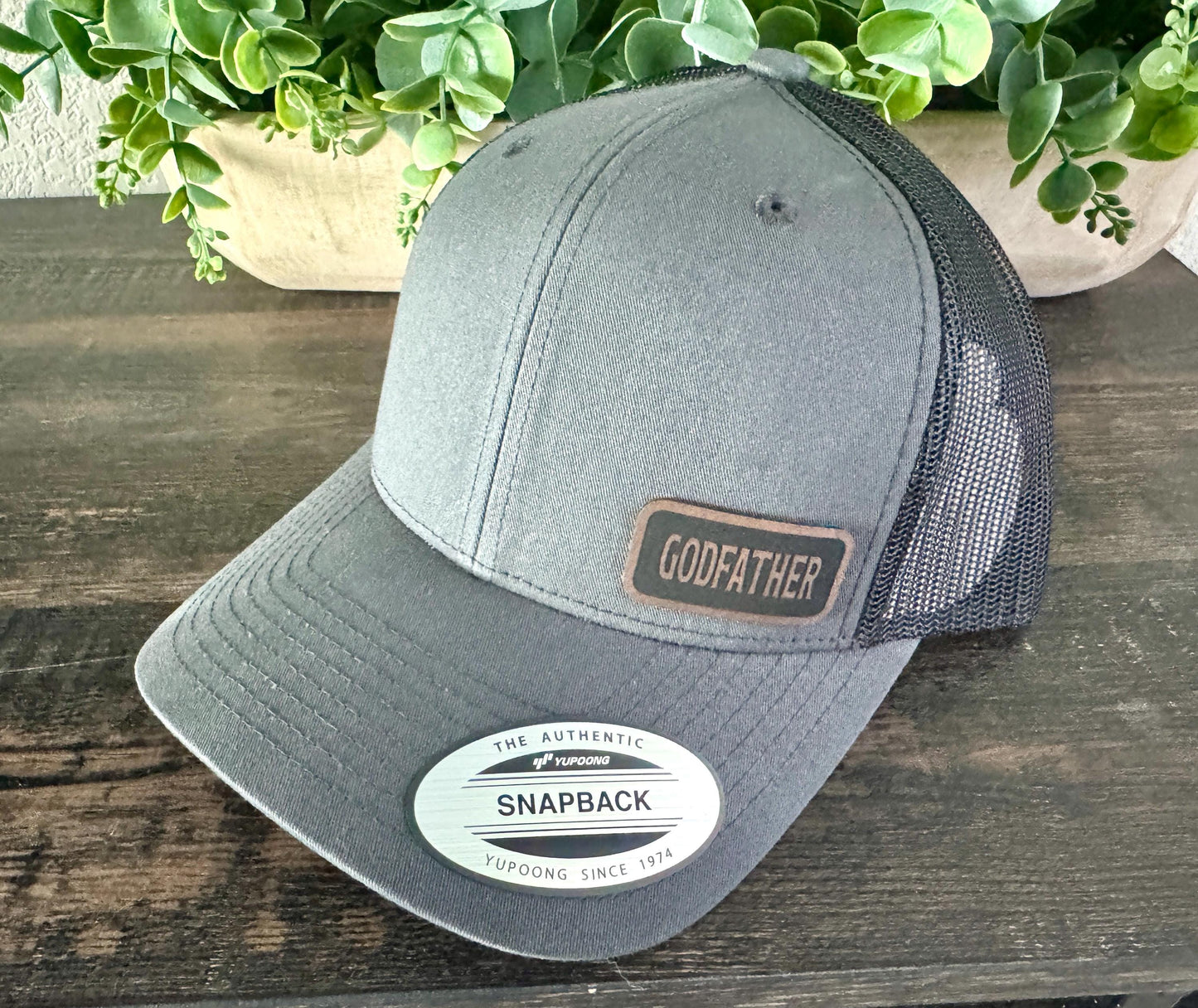 Godfather Hat – Snapback Trucker Hat with Engraved Patch, Gift for Godfather, Rustic Mesh Cap, Cool Godparent Trucker Hat