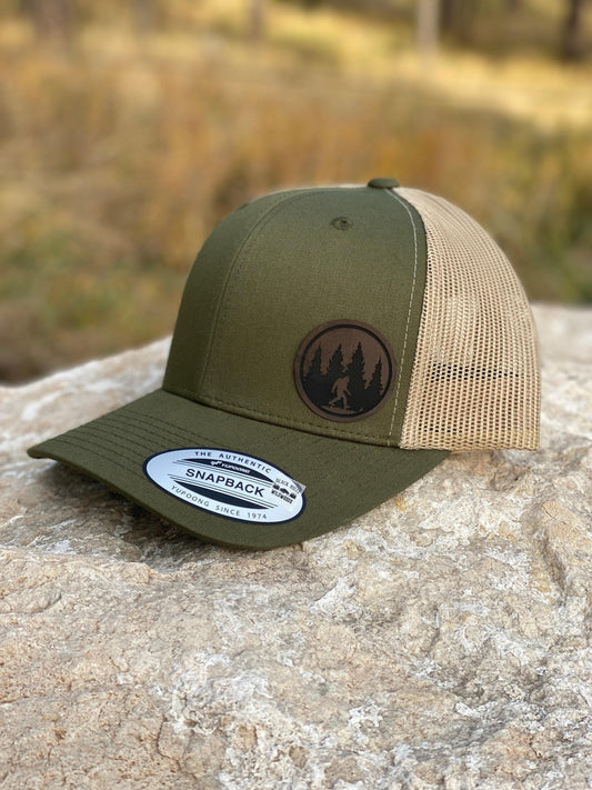 Sasquatch Hat – Snapback Trucker Cap – Bigfoot Forest Design –  Engraved Patch – Outdoor Adventure Gift - Gift for Him