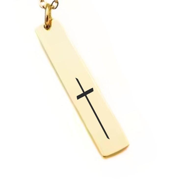 Christian Cross Bar Necklace or Keychain – Faith Jewelry for Her or Him – Engraved Gift – Minimalist Religious Keepsake