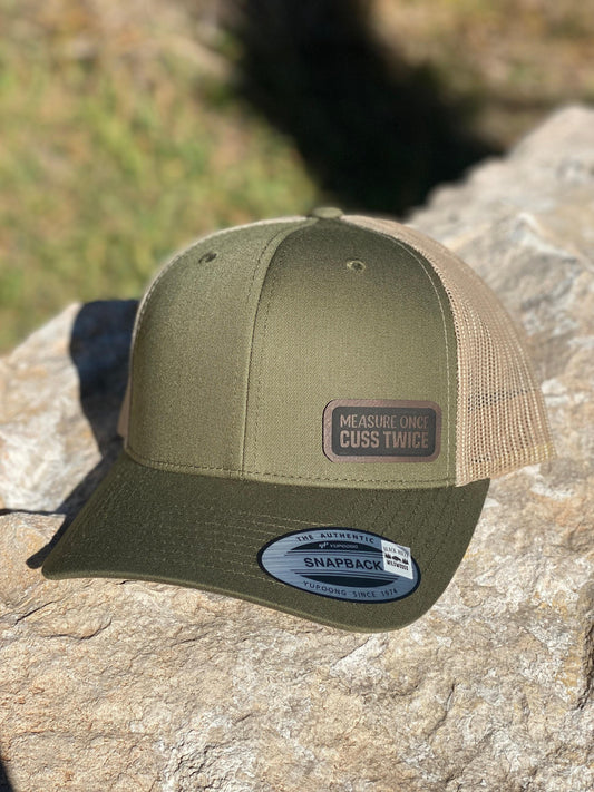Measure Once Cuss Twice Hat Snapback Trucker – Engraved Patch Funny DIY Gift, Carpenter Hat, Woodworking Humor Cap for Makers