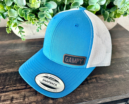 Gampy Hat – Snapback Trucker Hat with Engraved Patch, Gift for Grandpa, Fun Mesh Cap for Gampy, Cool Grandparent Trucker Hat