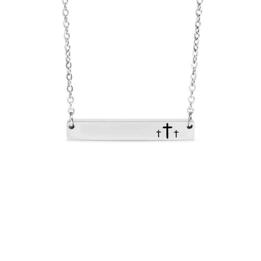 Three Crosses Bar Necklace or Keychain – Christian Engraved Jewelry – Symbol of Calvary – Faith-Based Gift for Him or Her
