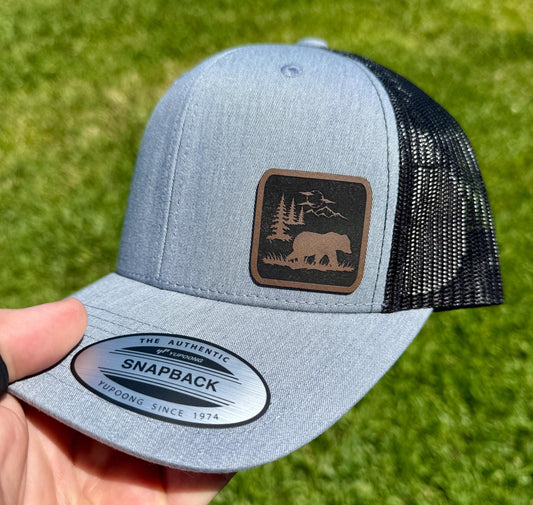 Bear Hat with Forest Design – Trucker or Snapback Cap for Outdoor Lovers – Wildlife and Nature Hat for Hikers, Campers, Adventure Seekers