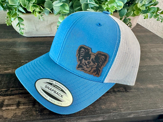 Papillon Dog Hat Snapback Trucker – Engraved Patch Cap for Toy Breed Lovers, Butterfly-Eared Pup Gift, Dog Mom or Dad Hat