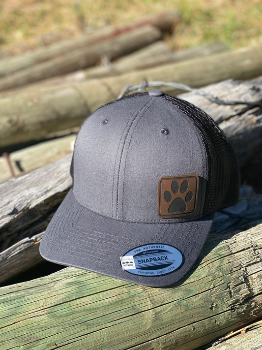Paw Print  Trucker Hat – Engraved Animal Lover Snapback Cap, Pet Parent Gift, Dog or Cat Paw Rustic Hat