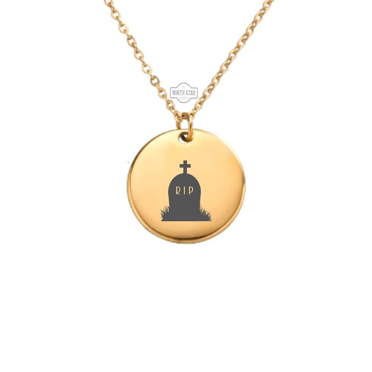 RIP Tombstone Necklace - Halloween Graveyard Gold or Silver Minimalist Dainty Engraved Custom Pendant Charm Jewelry